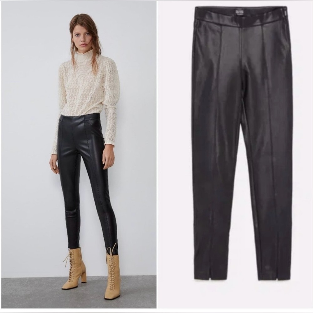 Zara Black Faux Leather Leggings, side zip NWT size Medium